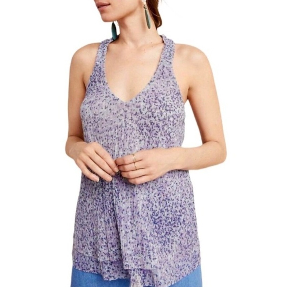 Anthropologie Metallic Pleated Tank Top Lavender Animal Print V-Neck‎ XS